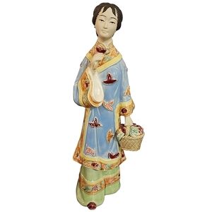 Vintage 12-inch Wucai Shiwan Chinese Lady with Flowers in Hand pottery figurine
